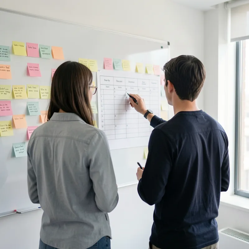 Réunion de deux formateurs consultant un planning de sessions affiché sur un mur