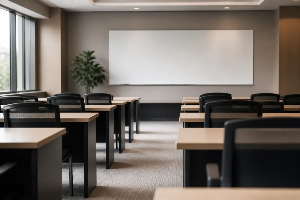 Salle de formation professionnelle vide avec pupitres alignés et tableau blanc
