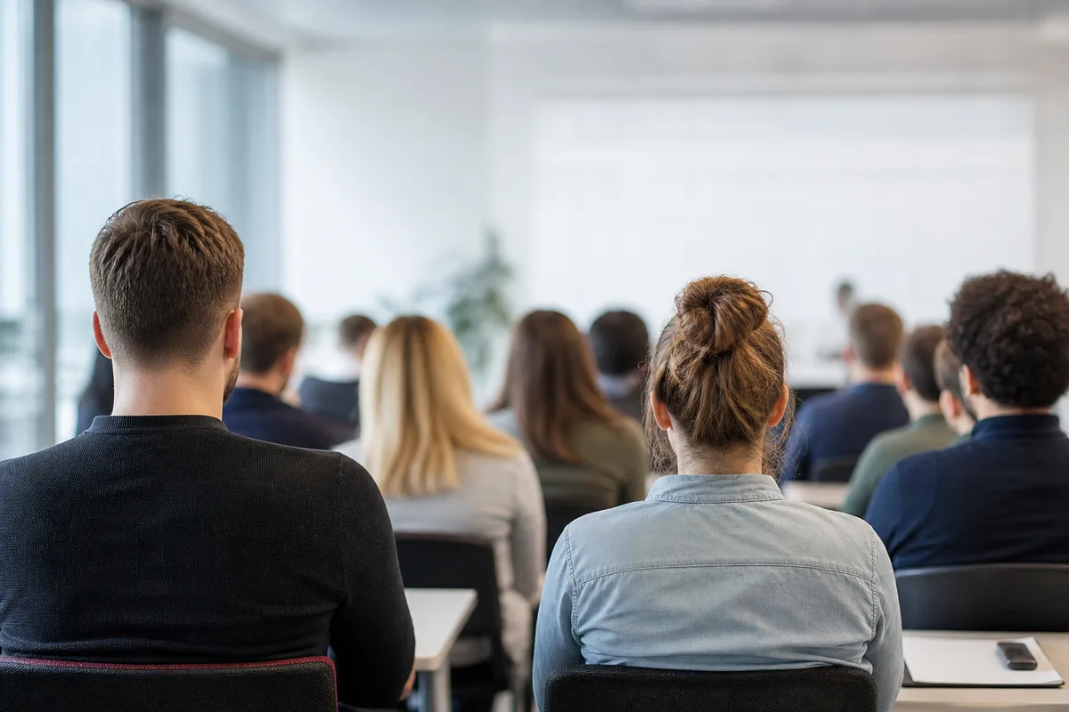 Groupe de stagiaires adultes de dos suivant une session de formation professionnelle