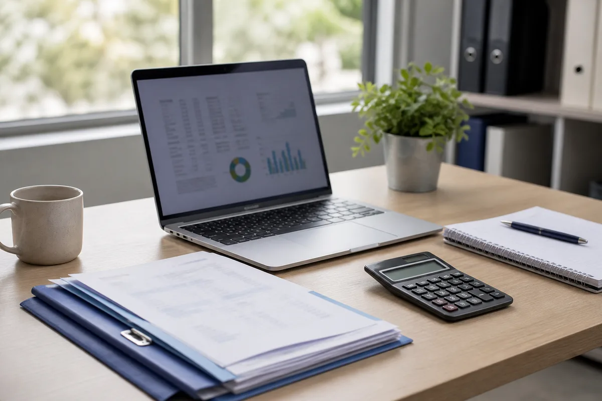 Bureau avec ordinateur portable, dossier administratif et calculatrice pour un plan de financement de formation