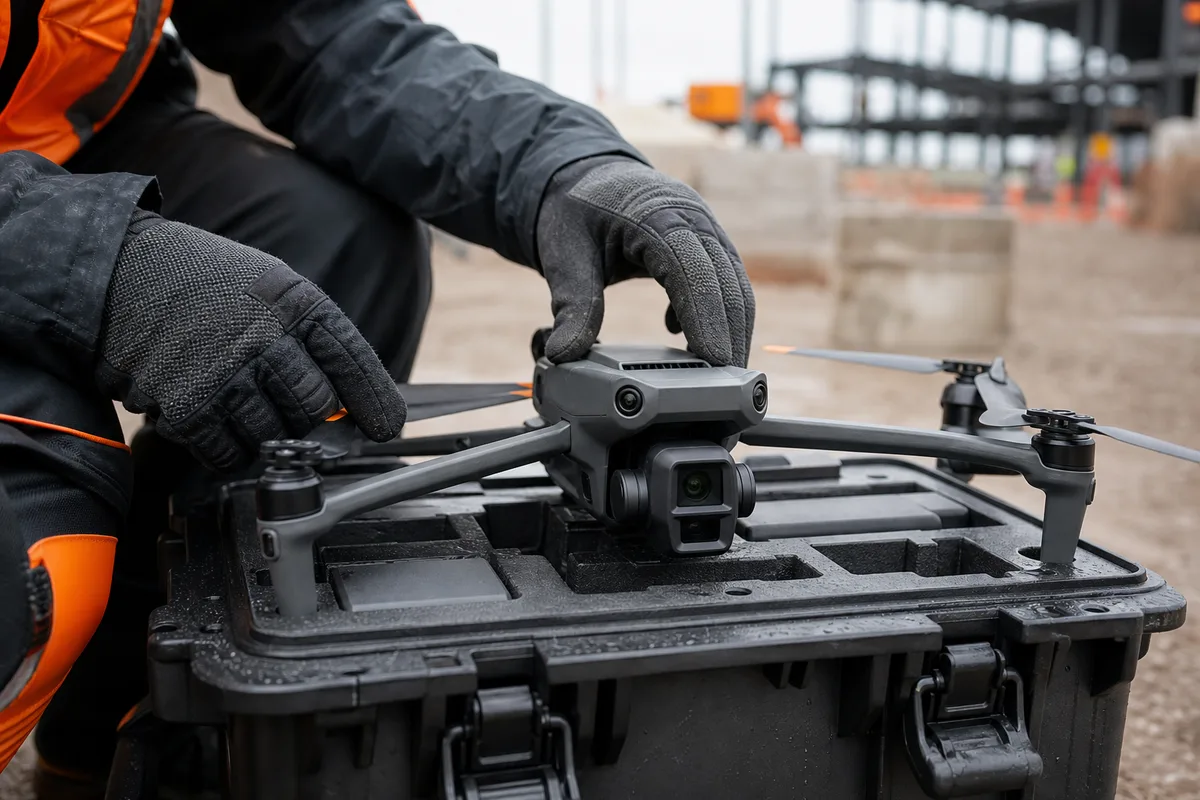 Télépilote préparant un drone professionnel avant une mission d’inspection
