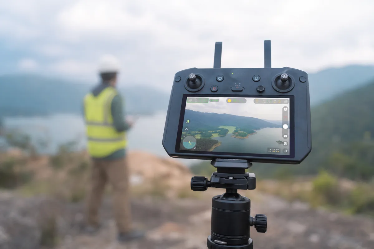 Poste de pilotage au sol avec radiocommande et retour vidéo du drone