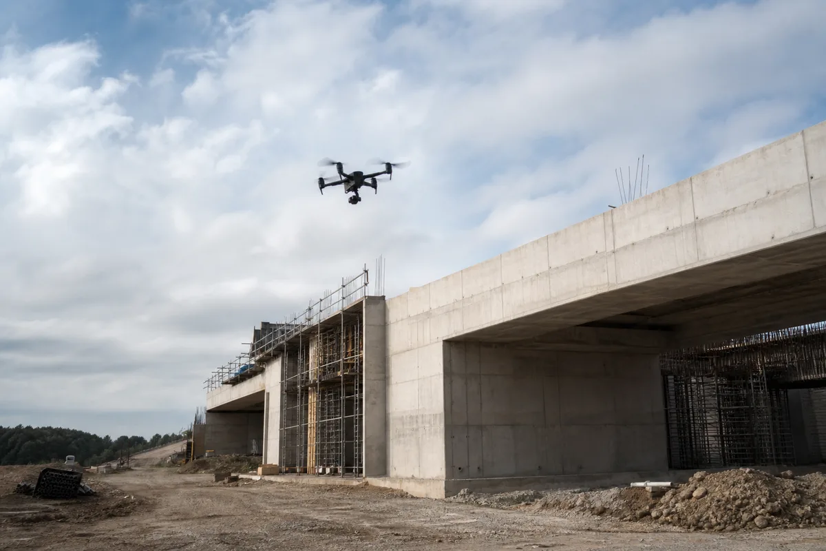 Drone en vol au-dessus d’un chantier pour une mission d’inspection technique