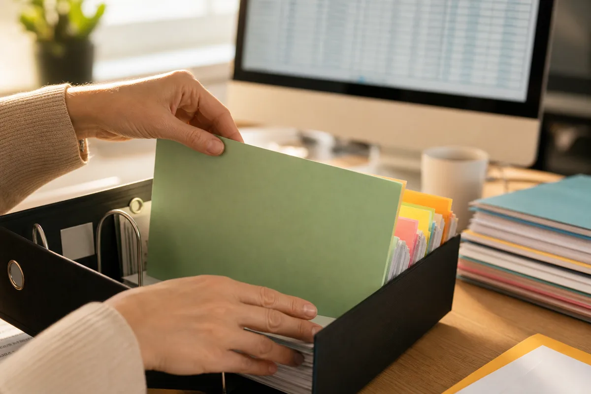 Personne organisant des dossiers de formation entre classeurs papier et écran de travail