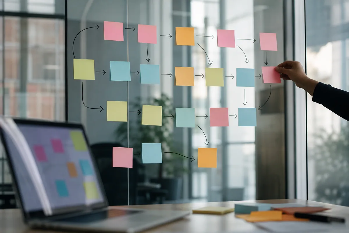 Réunion de cadrage avec schéma de processus et notes adhésives sur un mur de bureau